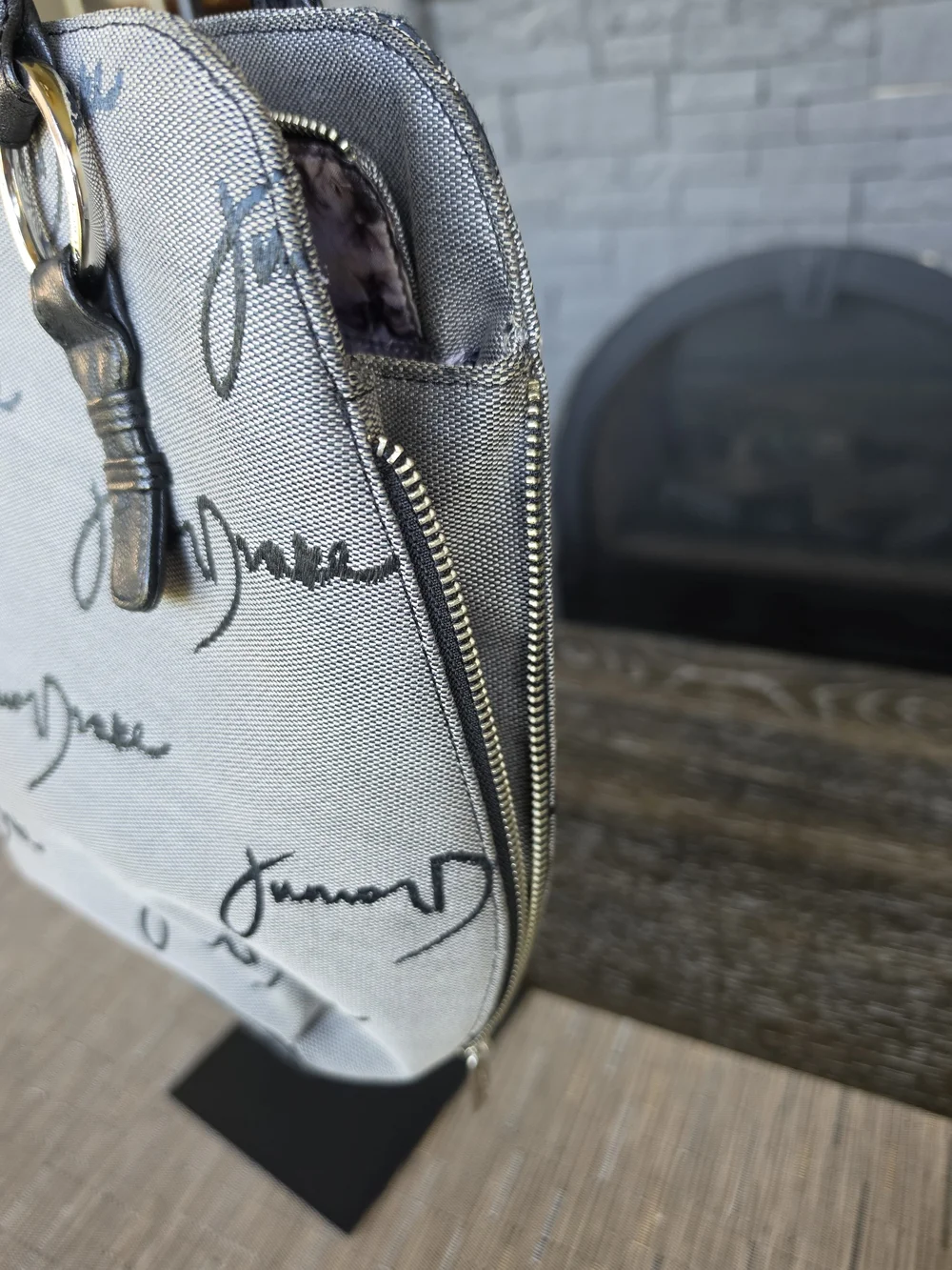 Junior Drake Gray Logo Canvas Tote with Black Leather Handles